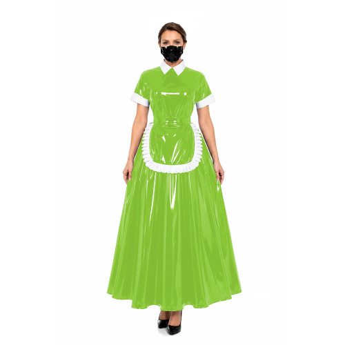 Glossy Gothic PVC Leather Long Maid Dress Outfits Lockable Short Sleeve Maxi A-line Dresses Sissy Maid Uniform Cosplay Costumes