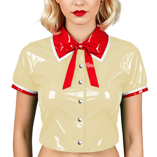 Womens PVC Patent Leather Crop Top Red Contrast Collar Bow Glossy Blouses Club Cosplay Tops Ladies Party Single-breasted Shirts