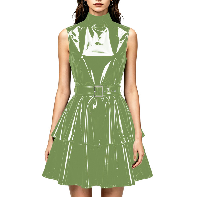 Women Shiny PVC Leather Sleeveless Mini Dress High Neck Wetlook Ruffle Dress with Belt Fashion Evening Cocktail Short Gown Dress