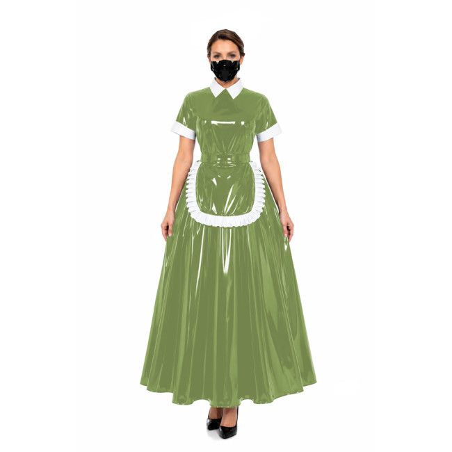 Glossy Gothic PVC Leather Long Maid Dress Outfits Lockable Short Sleeve Maxi A-line Dresses Sissy Maid Uniform Cosplay Costumes