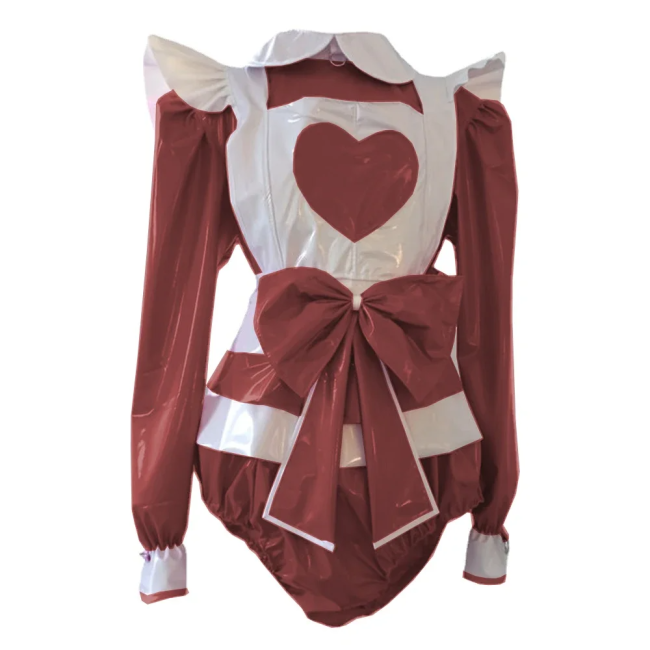 Lolita Maid Bodysuit with Ruffles Apron for Adult Long Sleeve Shiny PVC Leather Sissy Maid Playsuit Party Cosplay Plus Size 7XL