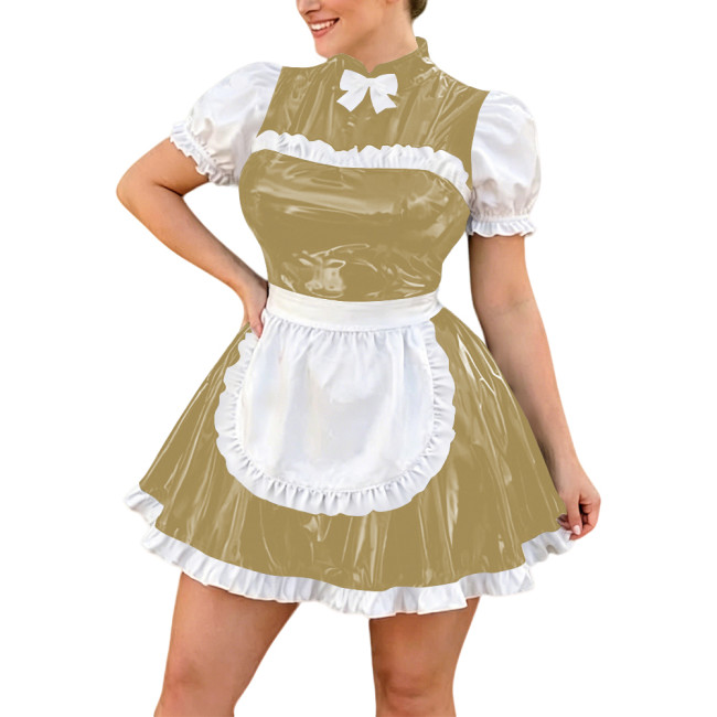Plus Size Lolita Bow Maid Uniforms Halloween Party Cosplay Waitress Maid Dress with Apron Puff Sleeve Evening Prom Dress Outfits