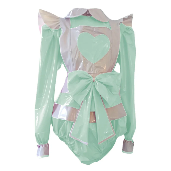 Lolita Maid Bodysuit with Ruffles Apron for Adult Long Sleeve Shiny PVC Leather Sissy Maid Playsuit Party Cosplay Plus Size 7XL