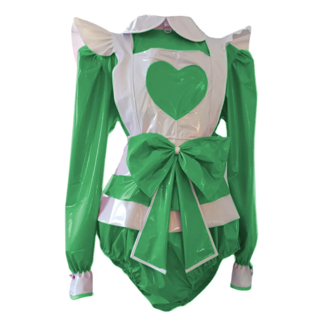 Lolita Maid Bodysuit with Ruffles Apron for Adult Long Sleeve Shiny PVC Leather Sissy Maid Playsuit Party Cosplay Plus Size 7XL