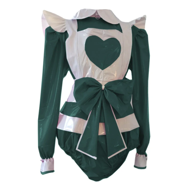 Lolita Maid Bodysuit with Ruffles Apron for Adult Long Sleeve Shiny PVC Leather Sissy Maid Playsuit Party Cosplay Plus Size 7XL