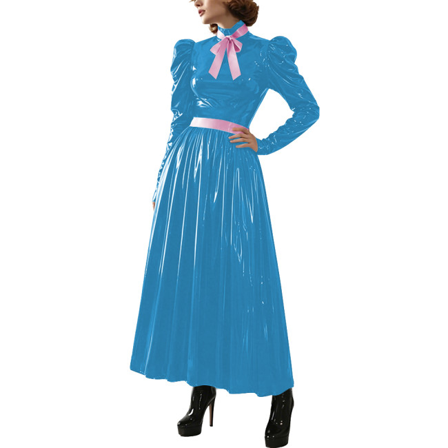 Glossy Puff Long Sleeve Formal Long Dress for Womens Night Club Shiny Flared Ankle Length Dress with Belt Cocktail Party Costume