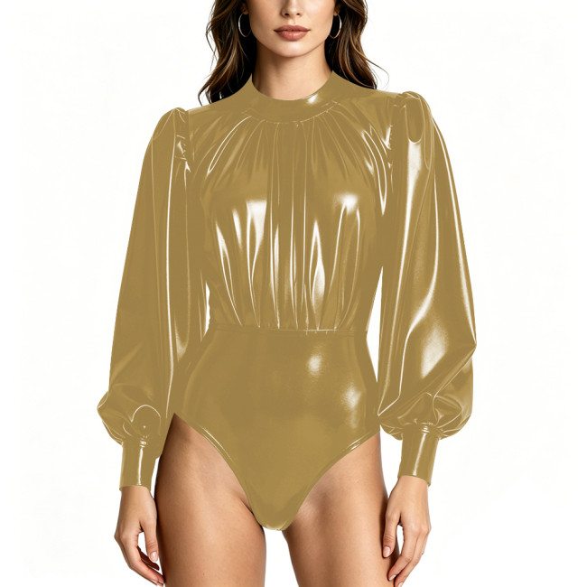 Club Sexy Shiny PVC Bodysuit Mock Neck Puff Sleeve Ruched Playsuit Womens High Cut Fetish Rompers Party Outfits Cosplay Costume