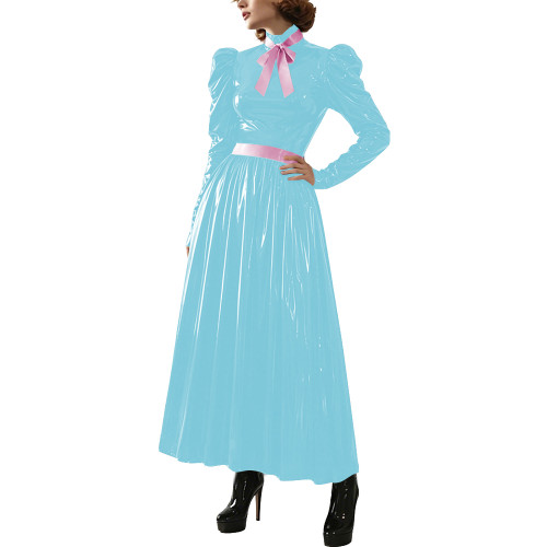 Glossy Puff Long Sleeve Formal Long Dress for Womens Night Club Shiny Flared Ankle Length Dress with Belt Cocktail Party Costume