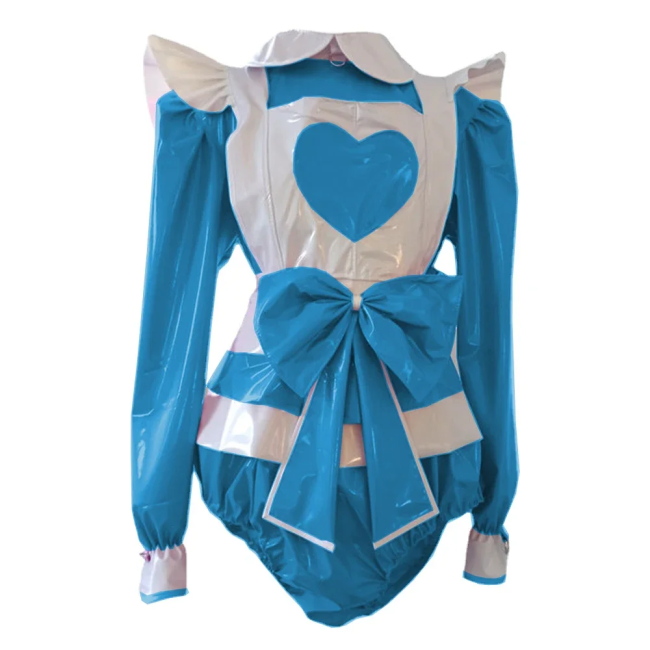 Lolita Maid Bodysuit with Ruffles Apron for Adult Long Sleeve Shiny PVC Leather Sissy Maid Playsuit Party Cosplay Plus Size 7XL