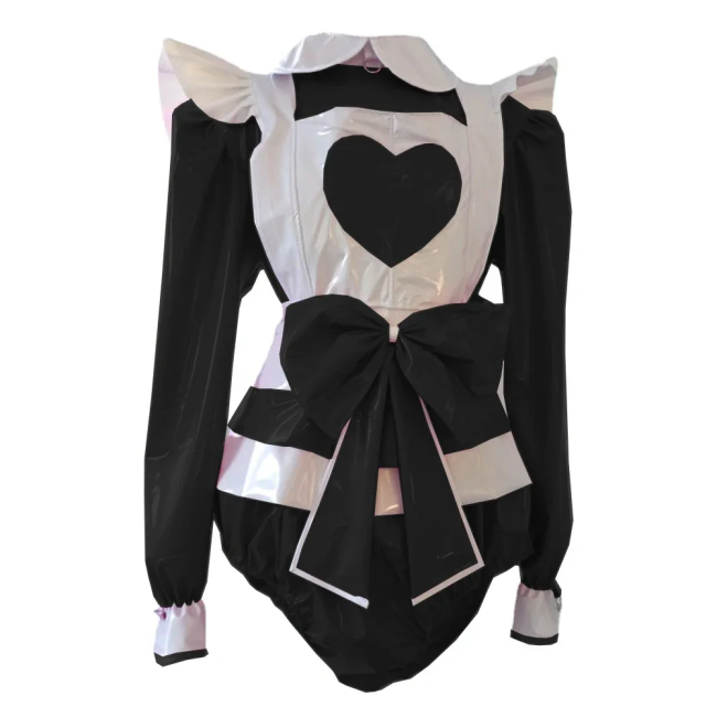 Lolita Maid Bodysuit with Ruffles Apron for Adult Long Sleeve Shiny PVC Leather Sissy Maid Playsuit Party Cosplay Plus Size 7XL