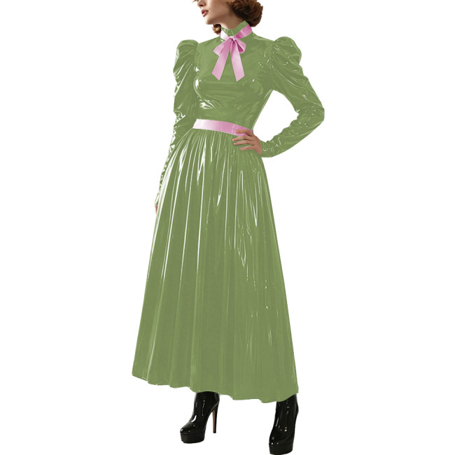 Glossy Puff Long Sleeve Formal Long Dress for Womens Night Club Shiny Flared Ankle Length Dress with Belt Cocktail Party Costume