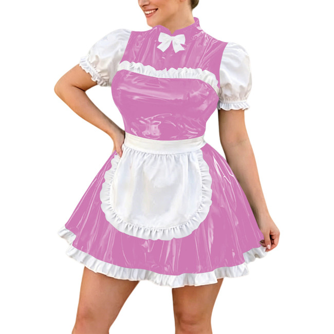 Plus Size Lolita Bow Maid Uniforms Halloween Party Cosplay Waitress Maid Dress with Apron Puff Sleeve Evening Prom Dress Outfits