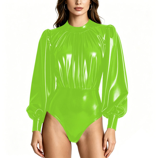 Club Sexy Shiny PVC Bodysuit Mock Neck Puff Sleeve Ruched Playsuit Womens High Cut Fetish Rompers Party Outfits Cosplay Costume