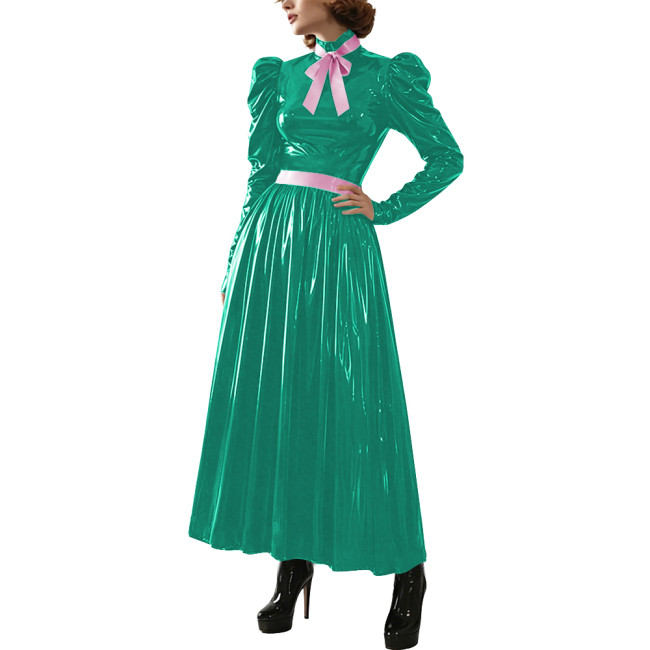 Glossy Puff Long Sleeve Formal Long Dress for Womens Night Club Shiny Flared Ankle Length Dress with Belt Cocktail Party Costume