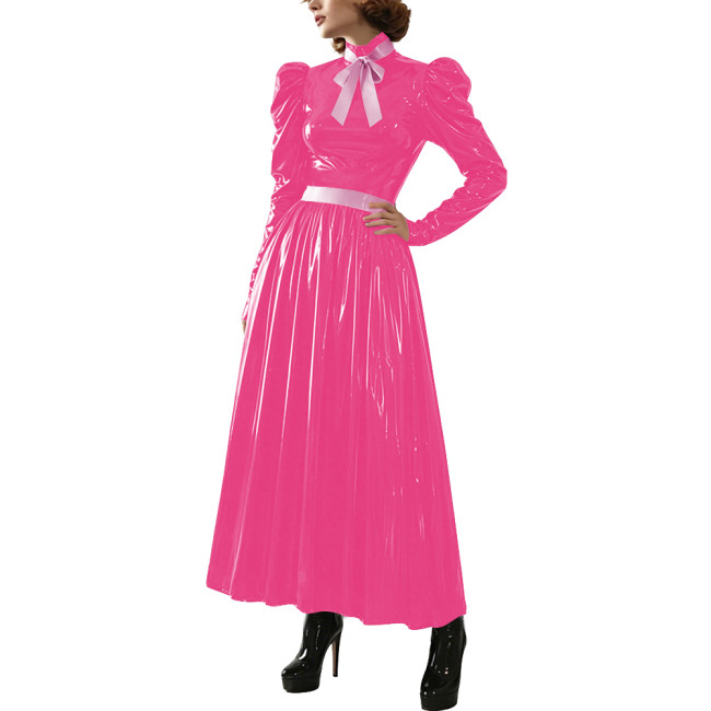 Glossy Puff Long Sleeve Formal Long Dress for Womens Night Club Shiny Flared Ankle Length Dress with Belt Cocktail Party Costume