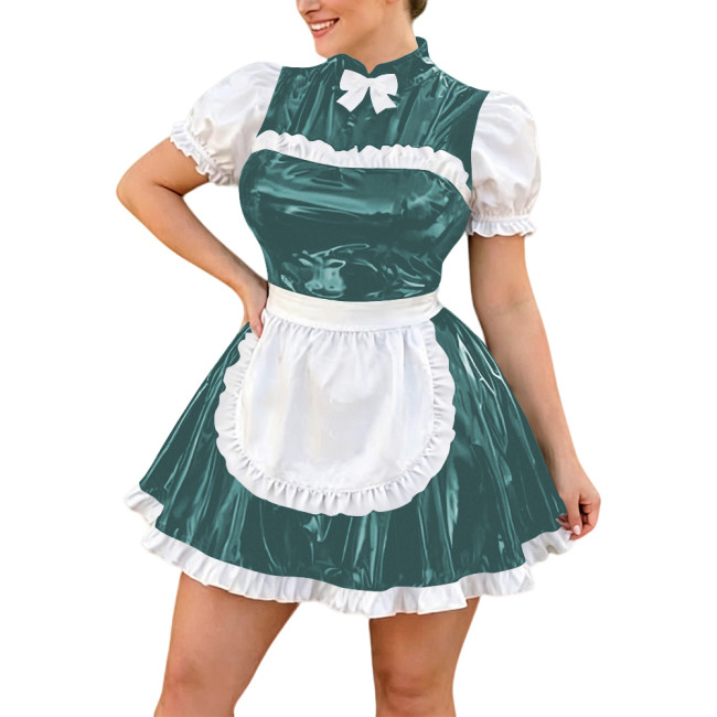 Plus Size Lolita Bow Maid Uniforms Halloween Party Cosplay Waitress Maid Dress with Apron Puff Sleeve Evening Prom Dress Outfits