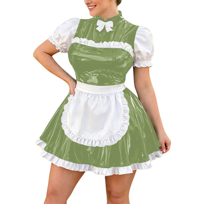 Plus Size Lolita Bow Maid Uniforms Halloween Party Cosplay Waitress Maid Dress with Apron Puff Sleeve Evening Prom Dress Outfits