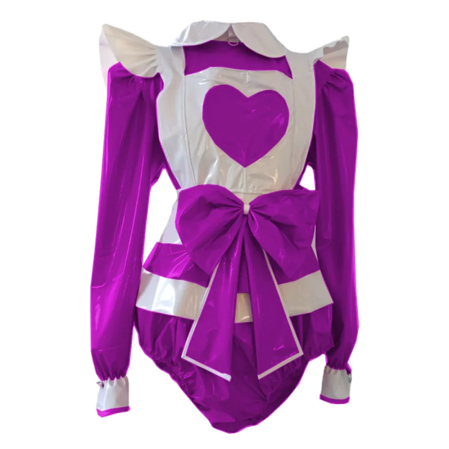 Lolita Maid Bodysuit with Ruffles Apron for Adult Long Sleeve Shiny PVC Leather Sissy Maid Playsuit Party Cosplay Plus Size 7XL