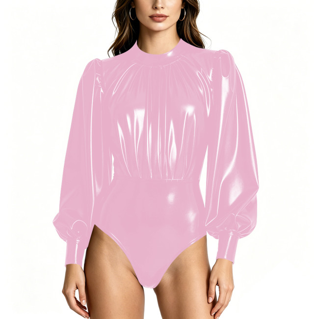 Club Sexy Shiny PVC Bodysuit Mock Neck Puff Sleeve Ruched Playsuit Womens High Cut Fetish Rompers Party Outfits Cosplay Costume