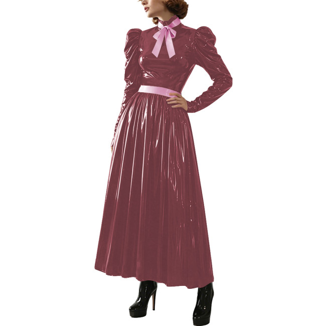 Glossy Puff Long Sleeve Formal Long Dress for Womens Night Club Shiny Flared Ankle Length Dress with Belt Cocktail Party Costume