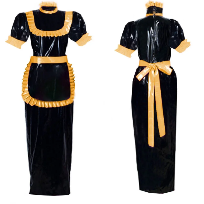Adult Lockable Long Maid Cosplay Dress Outfits Halloween Party Role Play Costume Puff Short Sleeve Shiny PVC Fancy Maid Uniforms