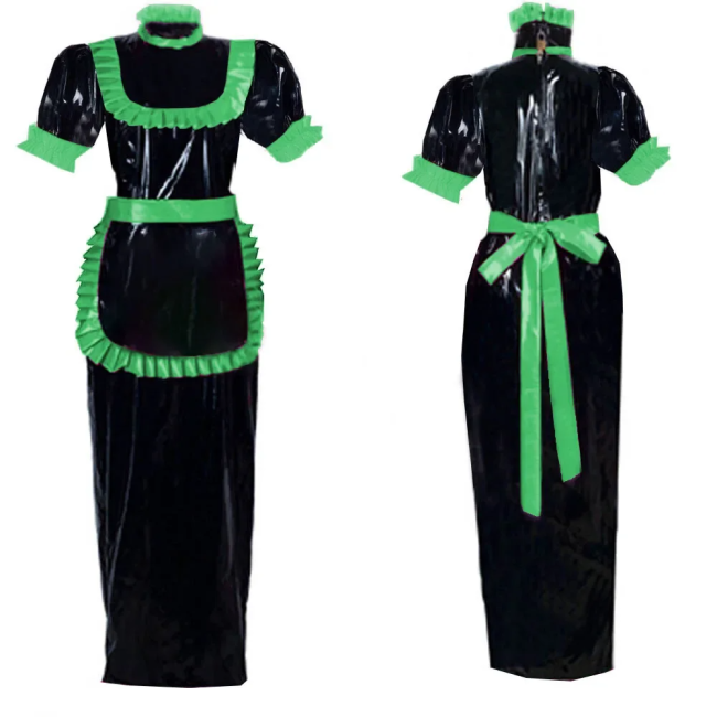 Adult Lockable Long Maid Cosplay Dress Outfits Halloween Party Role Play Costume Puff Short Sleeve Shiny PVC Fancy Maid Uniforms