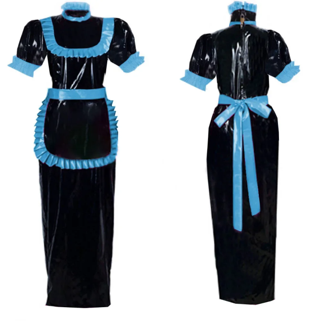 Adult Lockable Long Maid Cosplay Dress Outfits Halloween Party Role Play Costume Puff Short Sleeve Shiny PVC Fancy Maid Uniforms