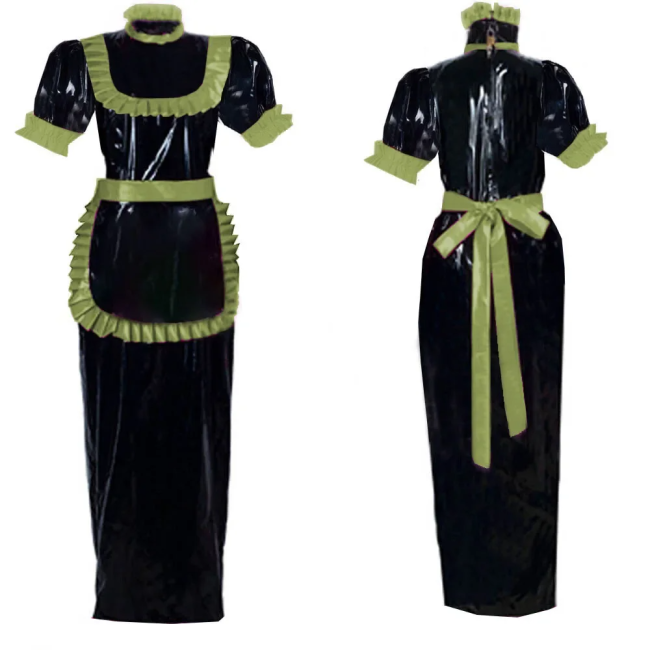 Adult Lockable Long Maid Cosplay Dress Outfits Halloween Party Role Play Costume Puff Short Sleeve Shiny PVC Fancy Maid Uniforms