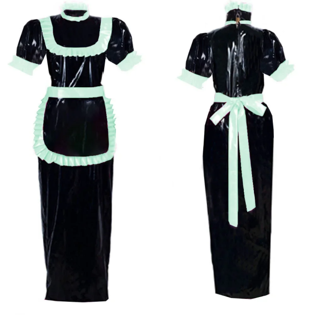 Adult Lockable Long Maid Cosplay Dress Outfits Halloween Party Role Play Costume Puff Short Sleeve Shiny PVC Fancy Maid Uniforms