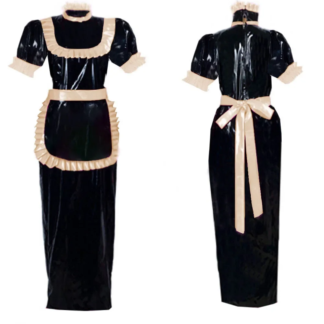 Adult Lockable Long Maid Cosplay Dress Outfits Halloween Party Role Play Costume Puff Short Sleeve Shiny PVC Fancy Maid Uniforms