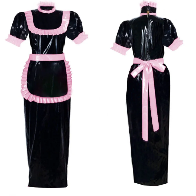 Adult Lockable Long Maid Cosplay Dress Outfits Halloween Party Role Play Costume Puff Short Sleeve Shiny PVC Fancy Maid Uniforms