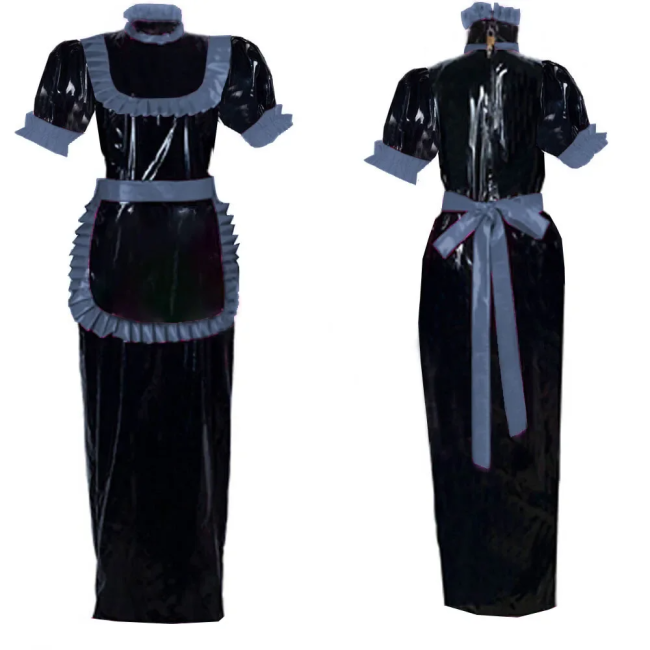 Adult Lockable Long Maid Cosplay Dress Outfits Halloween Party Role Play Costume Puff Short Sleeve Shiny PVC Fancy Maid Uniforms