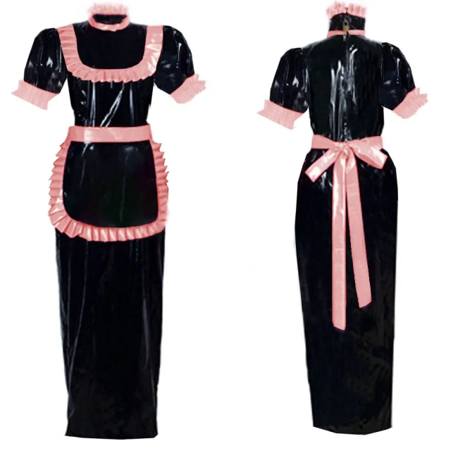 Adult Lockable Long Maid Cosplay Dress Outfits Halloween Party Role Play Costume Puff Short Sleeve Shiny PVC Fancy Maid Uniforms