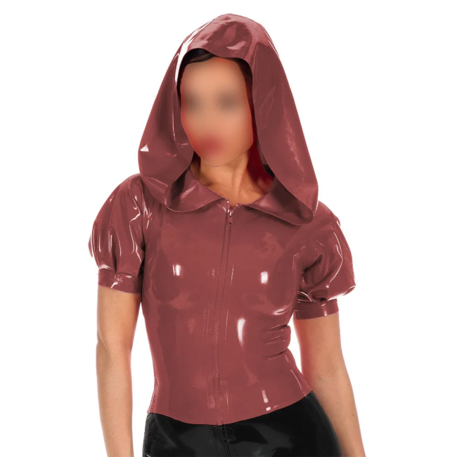 Glossy PVC Leather Hooded Tops for Womens Music Club Party Zipper Front Slim T-shirts Female Wetlook Puff Short Sleeves Blouses