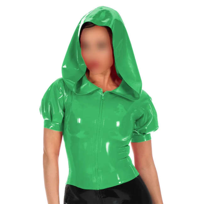 Glossy PVC Leather Hooded Tops for Womens Music Club Party Zipper Front Slim T-shirts Female Wetlook Puff Short Sleeves Blouses