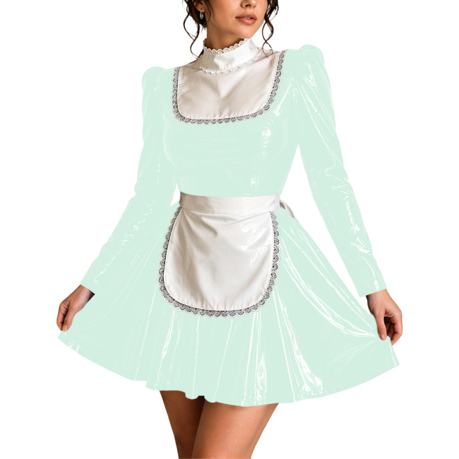 Ruffle High Neck Shiny PVC Maid Outfit Sissy Party French Apron Long Puff Sleeve Maid Uniforms Halloween Cosplay Mini Maid Dress