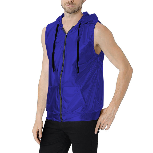 Men's Metallic Shiny Hooded Vest with Drawstring Front Zipper Club Sleeveless Coat Tops Wetlook Tees Party Nightclub Tank Jacket