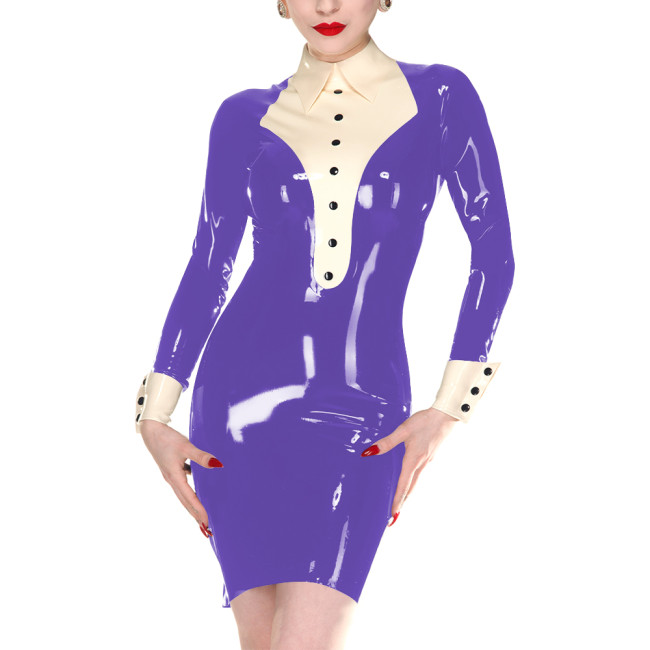 Chic Women Vinyl PVC Leather Tuxedo Dress Long Sleeves Turn-down Collar Bodycon Dress with Back Zip Club Wear Halloween Party