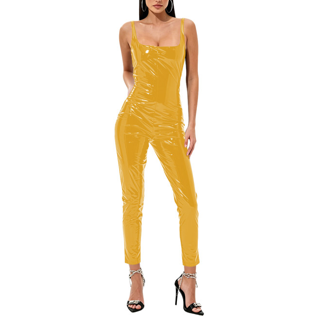 Women's Sexy Vinyl PVC Leather Jumpsuit Square Neck Sleeveless Glossy Bodycon Romper Female Clubwear Nightclub Backless Overalls
