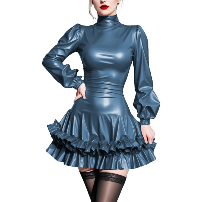Shiny Short Mermaid Prom Dress Vinyl PVC Leather Long Sleeves Ruffles Flared Dress Womens Evening Gowns Cosplay Party Costume