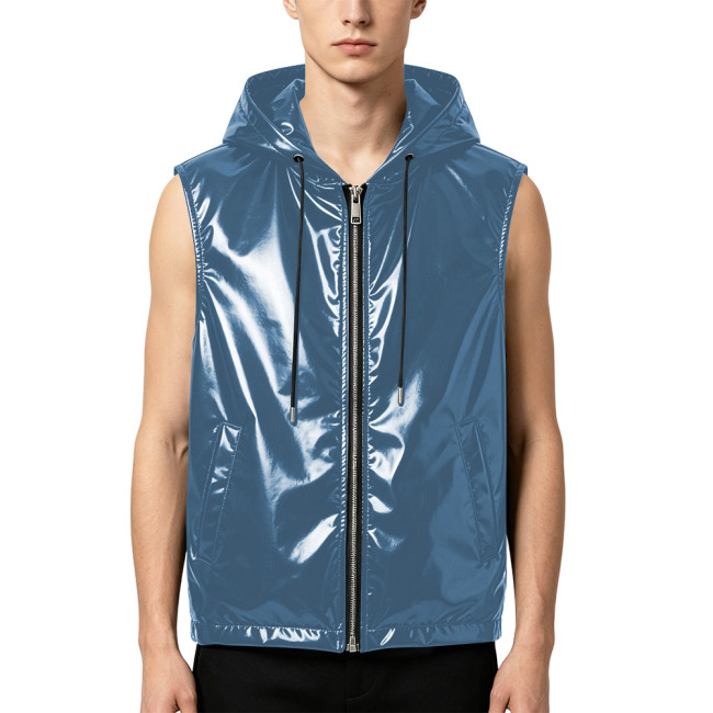 Mens Wet Look PVC Tank Top with Hood Shiny PU Leather Sleeveless Zipper Front Jackets Club Vest Coat Male Party Dance Tee Tops