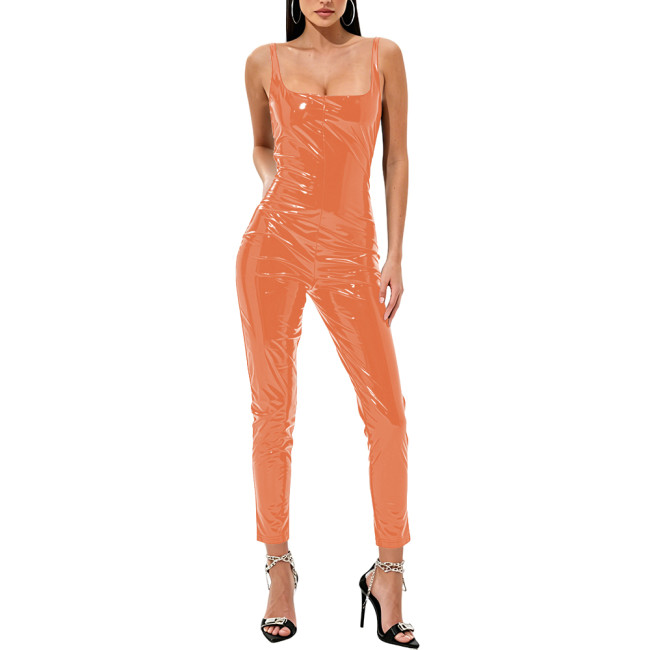 Women's Sexy Vinyl PVC Leather Jumpsuit Square Neck Sleeveless Glossy Bodycon Romper Female Clubwear Nightclub Backless Overalls