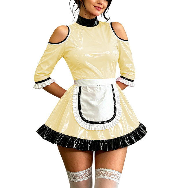 Sissy Party Shiny PVC Off Shoulder French Maid Mini Dress High Neck Ruffle Hem Apron Vinyl Maid Uniform Halloween Cosplay Outfit