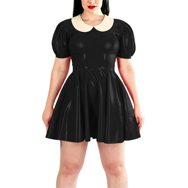 Plus Size Candy Color PVC Short Prom Dress Puff Sleeve Peter Pan Collar Mini A-line Dress Womens Evening Gowns Cosplay Partywear