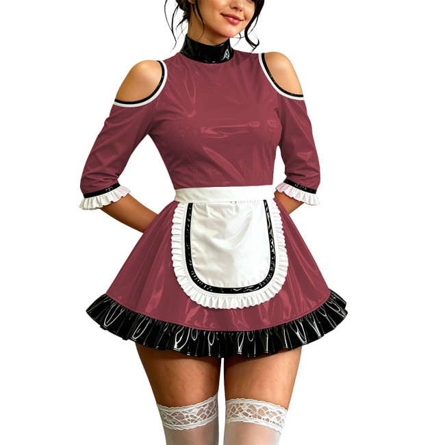 Sissy Party Shiny PVC Off Shoulder French Maid Mini Dress High Neck Ruffle Hem Apron Vinyl Maid Uniform Halloween Cosplay Outfit