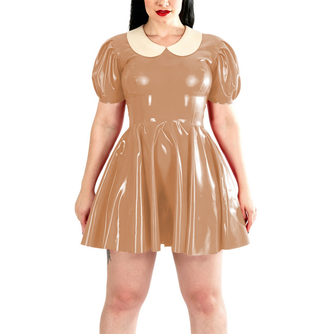 Plus Size Candy Color PVC Short Prom Dress Puff Sleeve Peter Pan Collar Mini A-line Dress Womens Evening Gowns Cosplay Partywear