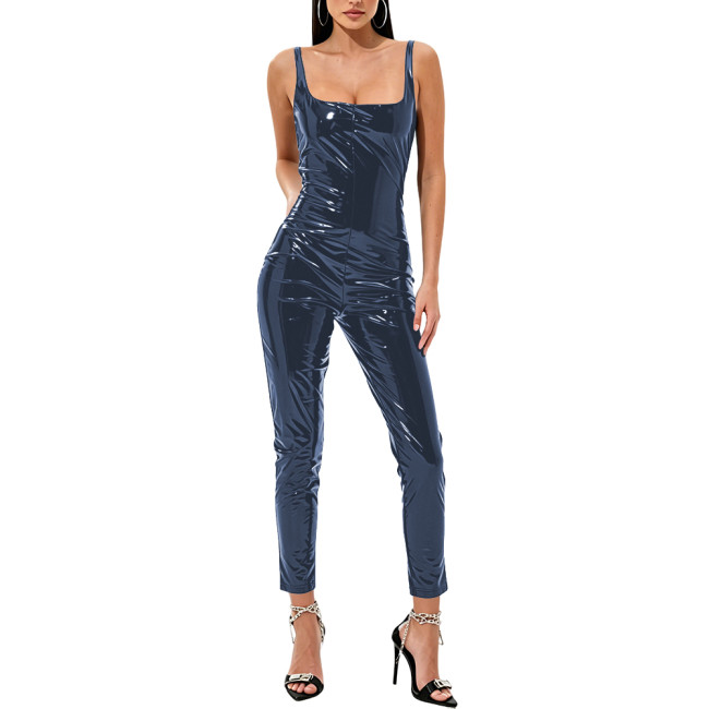 Women's Sexy Vinyl PVC Leather Jumpsuit Square Neck Sleeveless Glossy Bodycon Romper Female Clubwear Nightclub Backless Overalls