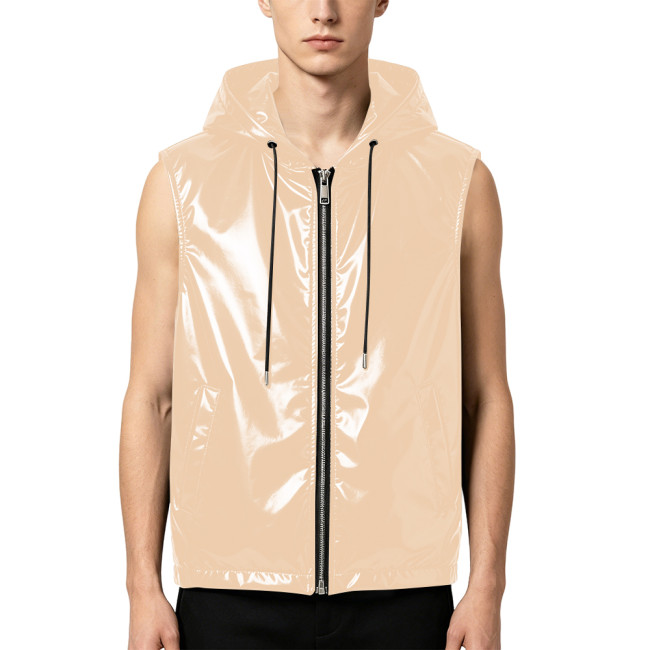 Mens Wet Look PVC Tank Top with Hood Shiny PU Leather Sleeveless Zipper Front Jackets Club Vest Coat Male Party Dance Tee Tops