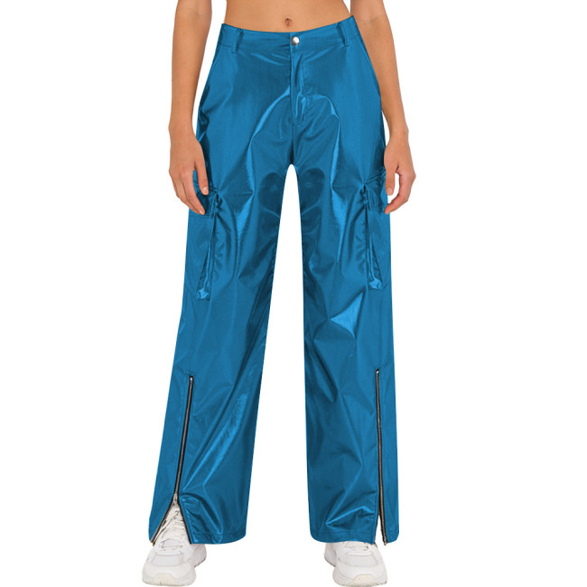 Womens Shiny Metallic Punk Dance Long Pants High Waist Zipper Wide Legs Cargo Pants Unisex Carnival Party Club Show Trousers