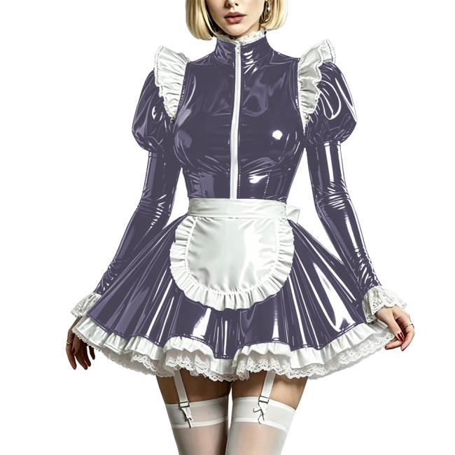 Sissy Sweet High-Neck Party Maid Uniform Puff Sleeve Wetlook Maid Prom Dress PVC Shiny Cosplay French Apron Maid Dress Outfits